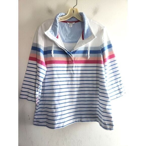 Tribal Sport "Cool Blue" White w/Blue Pink Stripe Cotton Polo Shirt size Large - Picture 2 of 7